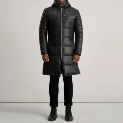 Floyd Black Hooded Leather Puffer Coat