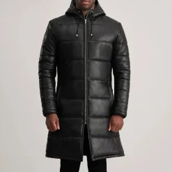Floyd Black Hooded Leather Puffer Coat