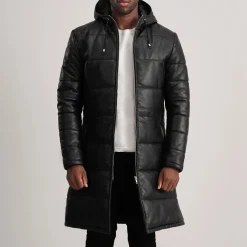 Floyd Black Hooded Leather Puffer Coat
