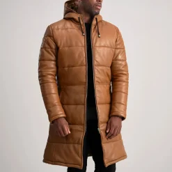 Floyd Tan Hooded Leather Puffer Coat