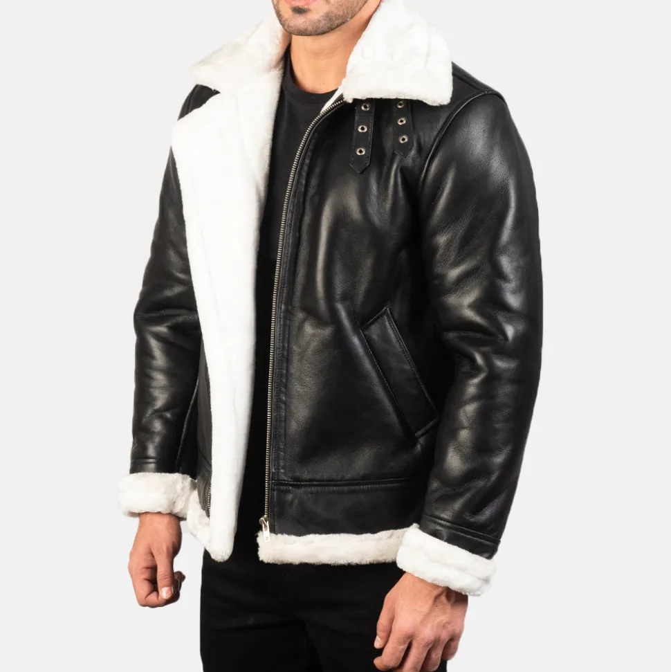 Francis B-3 Black & White Leather Bomber Jacket