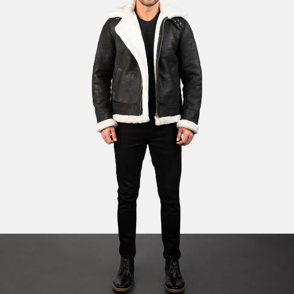 Francis B-3 Distressed Black Leather Bomber Jacket