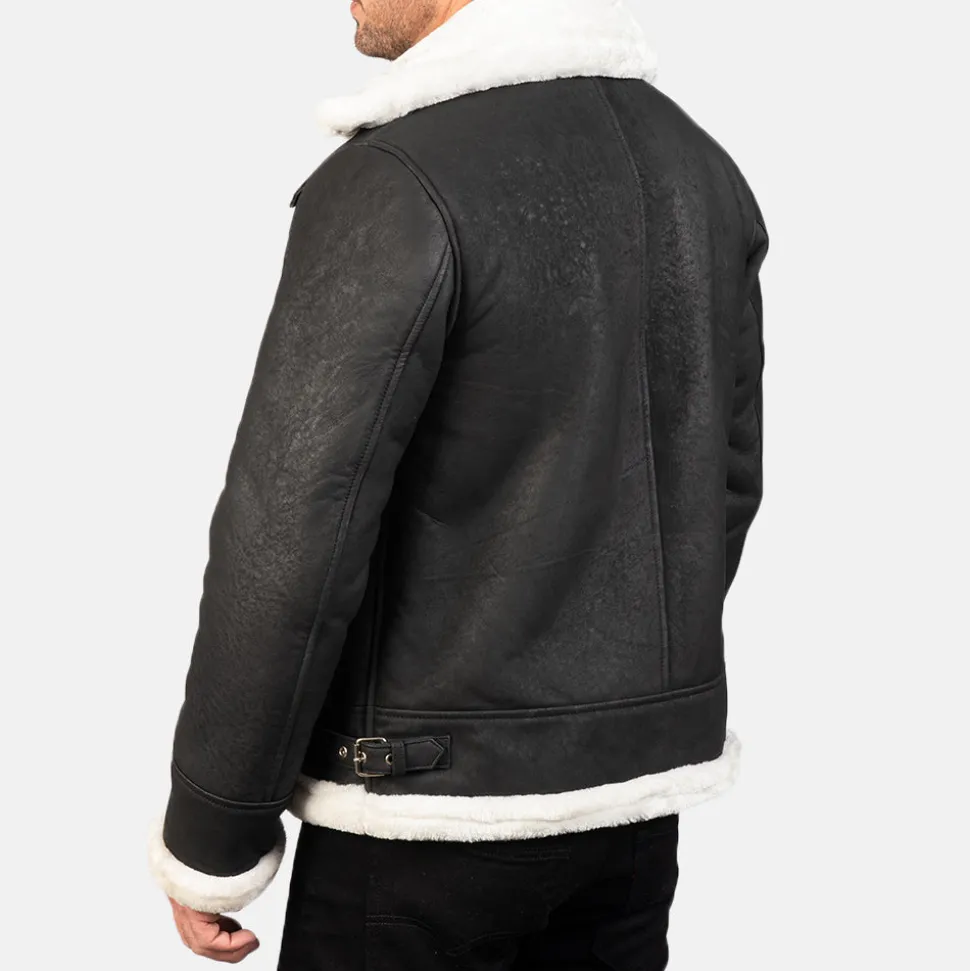 Francis B-3 Distressed Black Leather Bomber Jacket