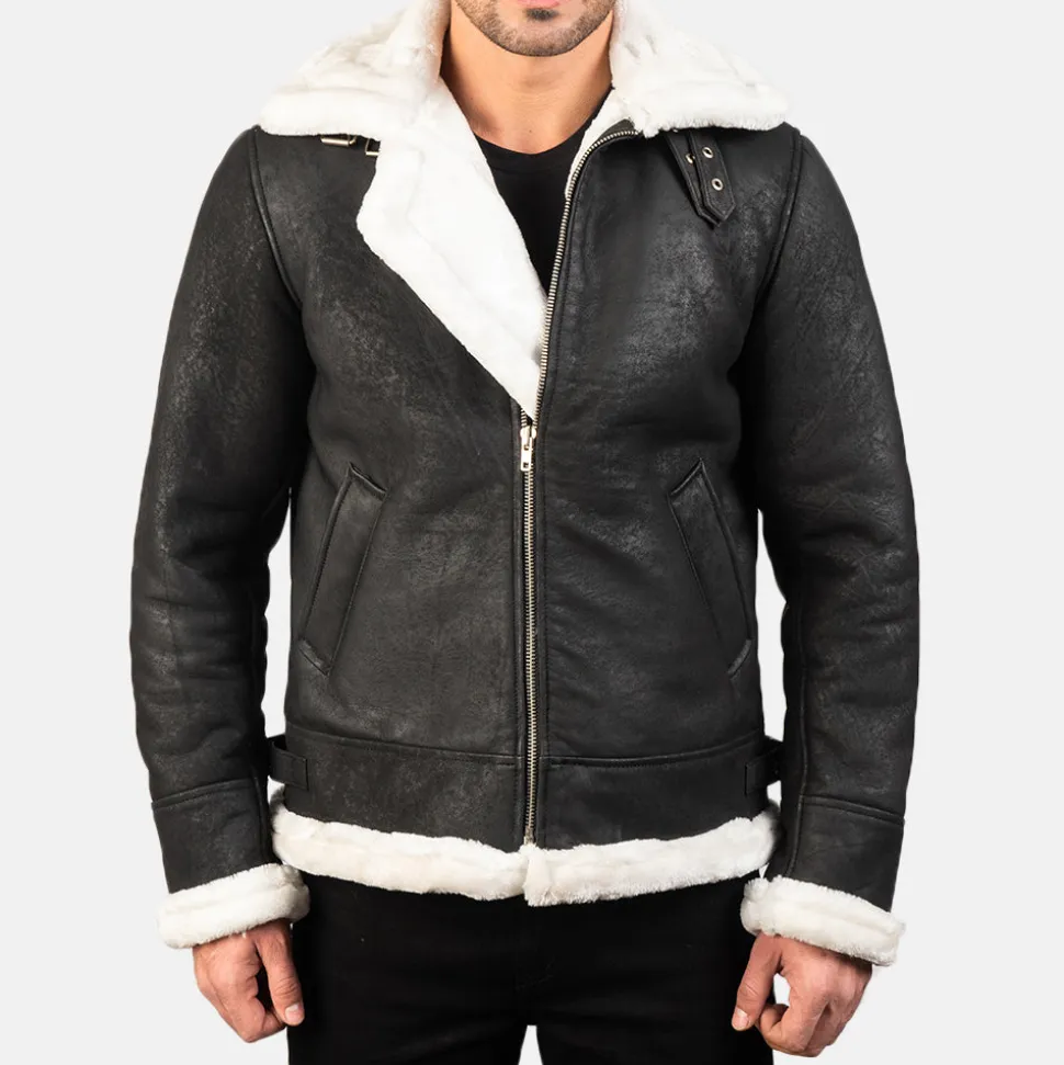 Francis B-3 Distressed Black Leather Bomber Jacket