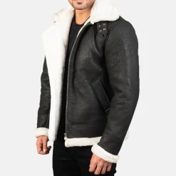 Francis B-3 Distressed Black Leather Bomber Jacket