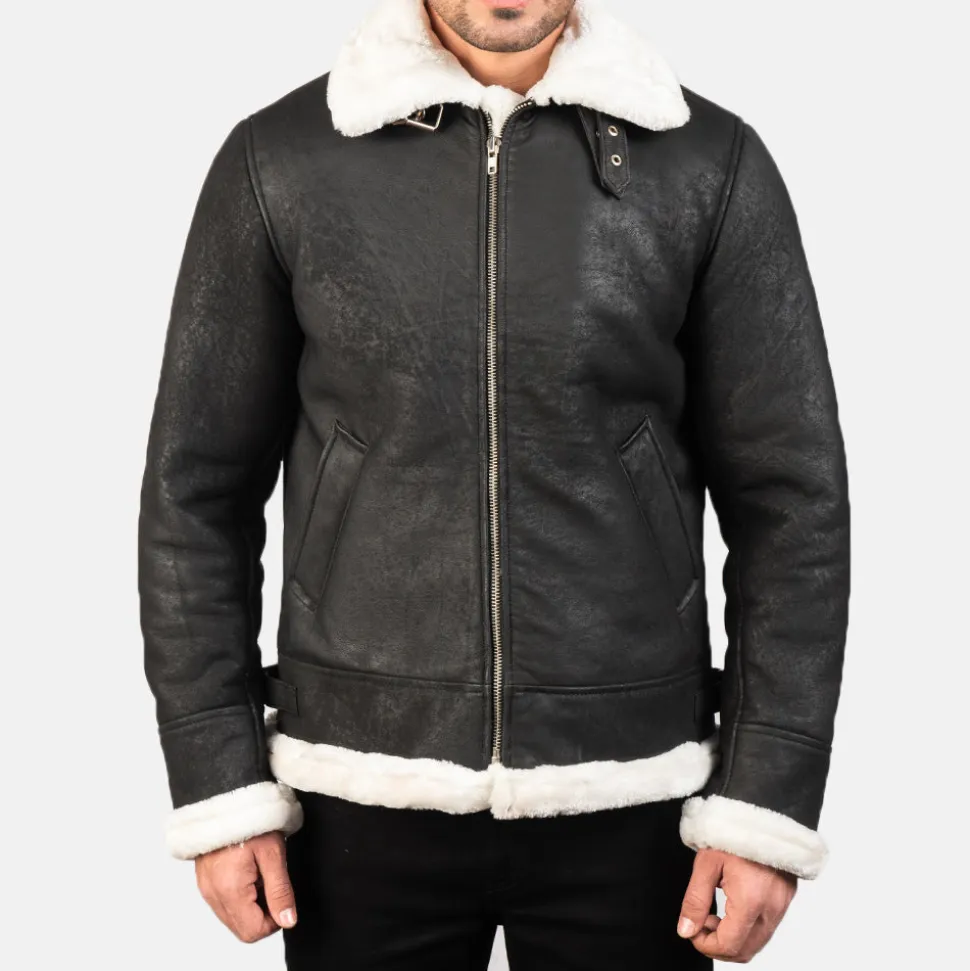 Francis B-3 Distressed Black Leather Bomber Jacket