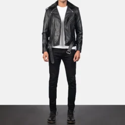 Furton Black Leather Biker Jacket