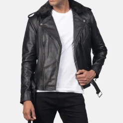 Furton Black Leather Biker Jacket