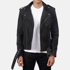 Furton Disressed Black Leather Biker Jacket