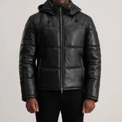 Gordon Black Hooded Leather Puffer Jacket