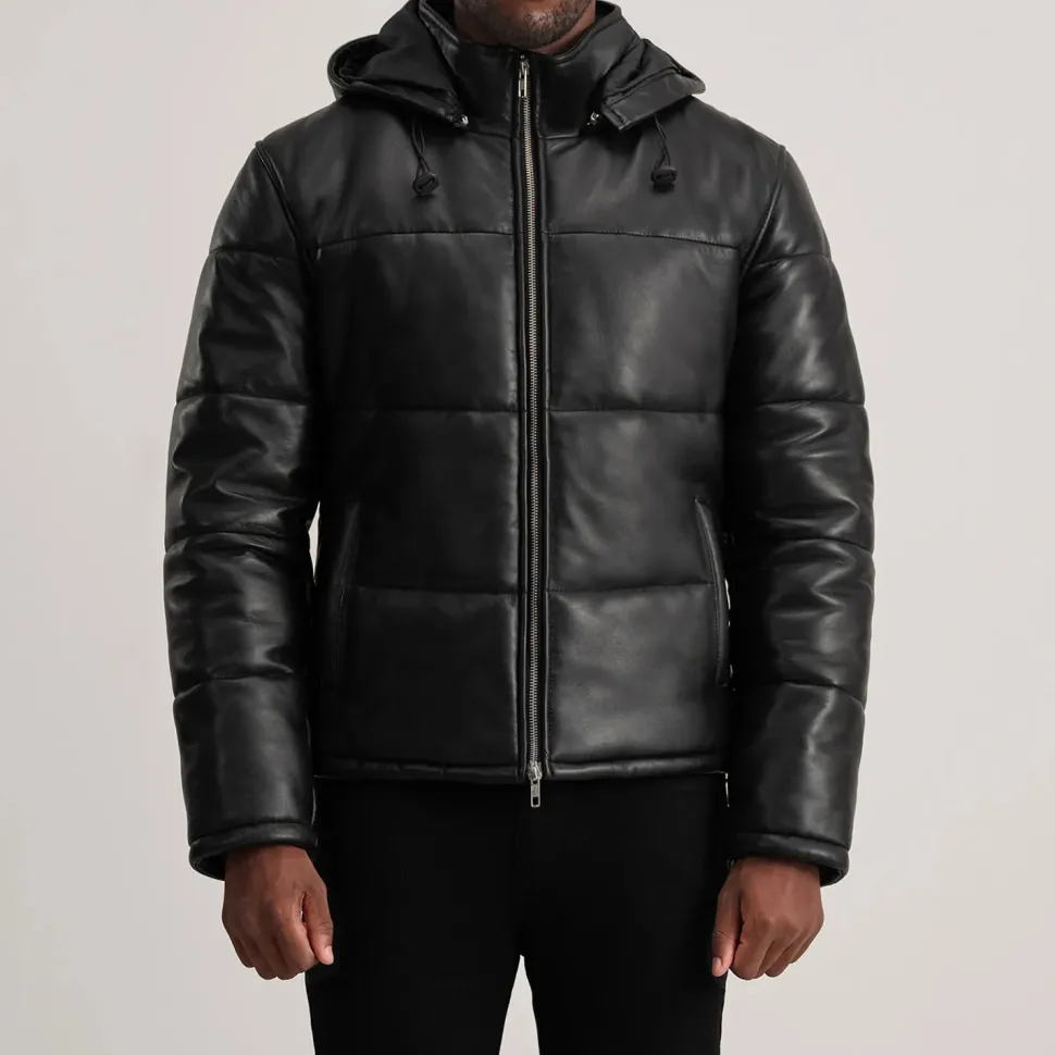 Gordon Black Hooded Leather Puffer Jacket