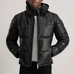 Gordon Black Hooded Leather Puffer Jacket