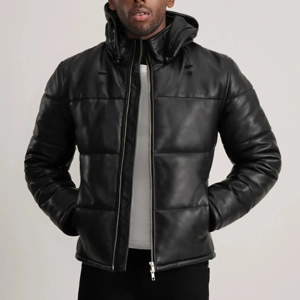 Gordon Black Hooded Leather Puffer Jacket