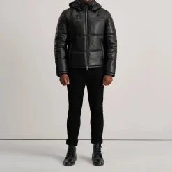 Gordon Black Hooded Leather Puffer Jacket