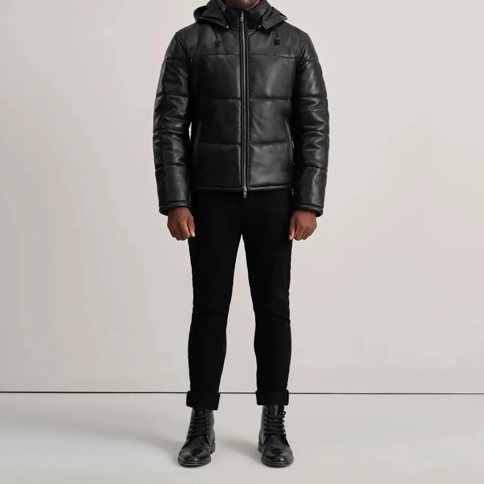 Gordon Black Hooded Leather Puffer Jacket