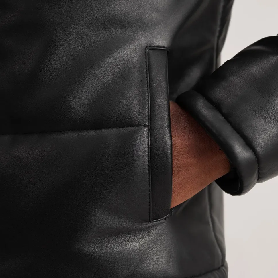 Gordon Black Hooded Leather Puffer Jacket
