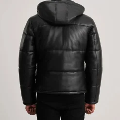 Gordon Black Hooded Leather Puffer Jacket