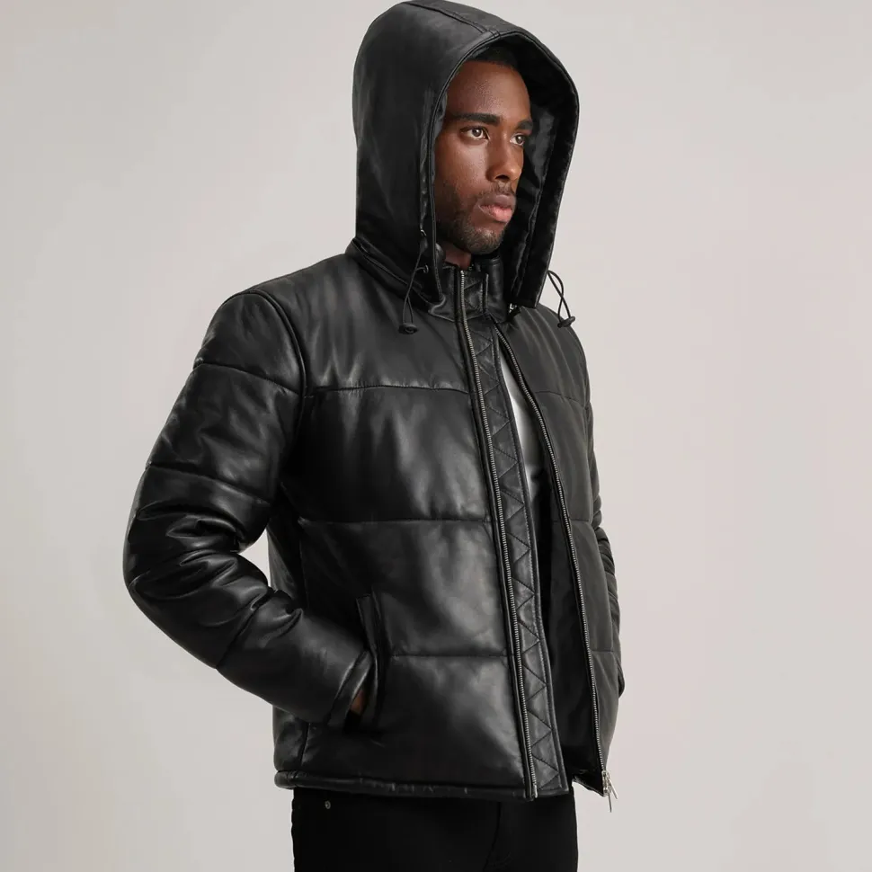 Gordon Black Hooded Leather Puffer Jacket
