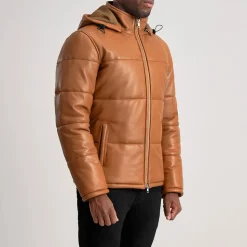 Gordon Tan Hooded Leather Puffer Jacket