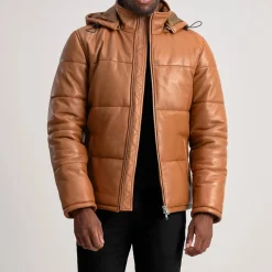 Gordon Tan Hooded Leather Puffer Jacket
