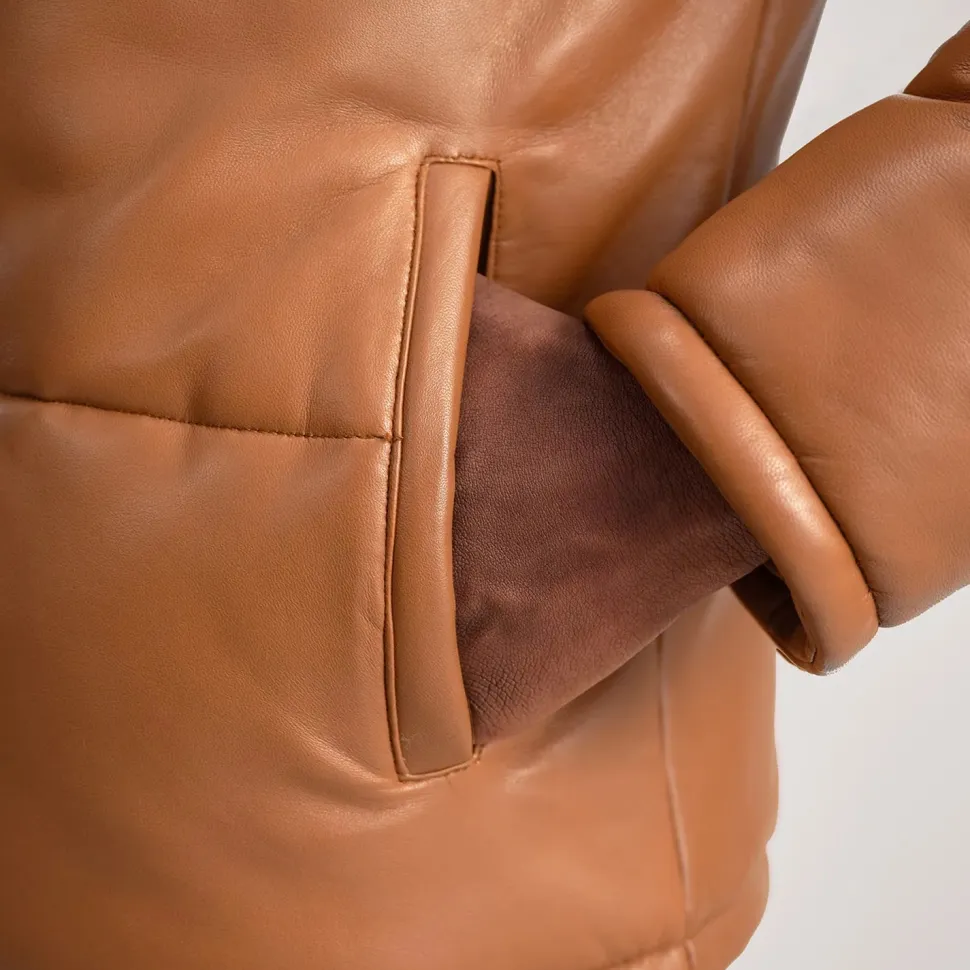 Gordon Tan Hooded Leather Puffer Jacket