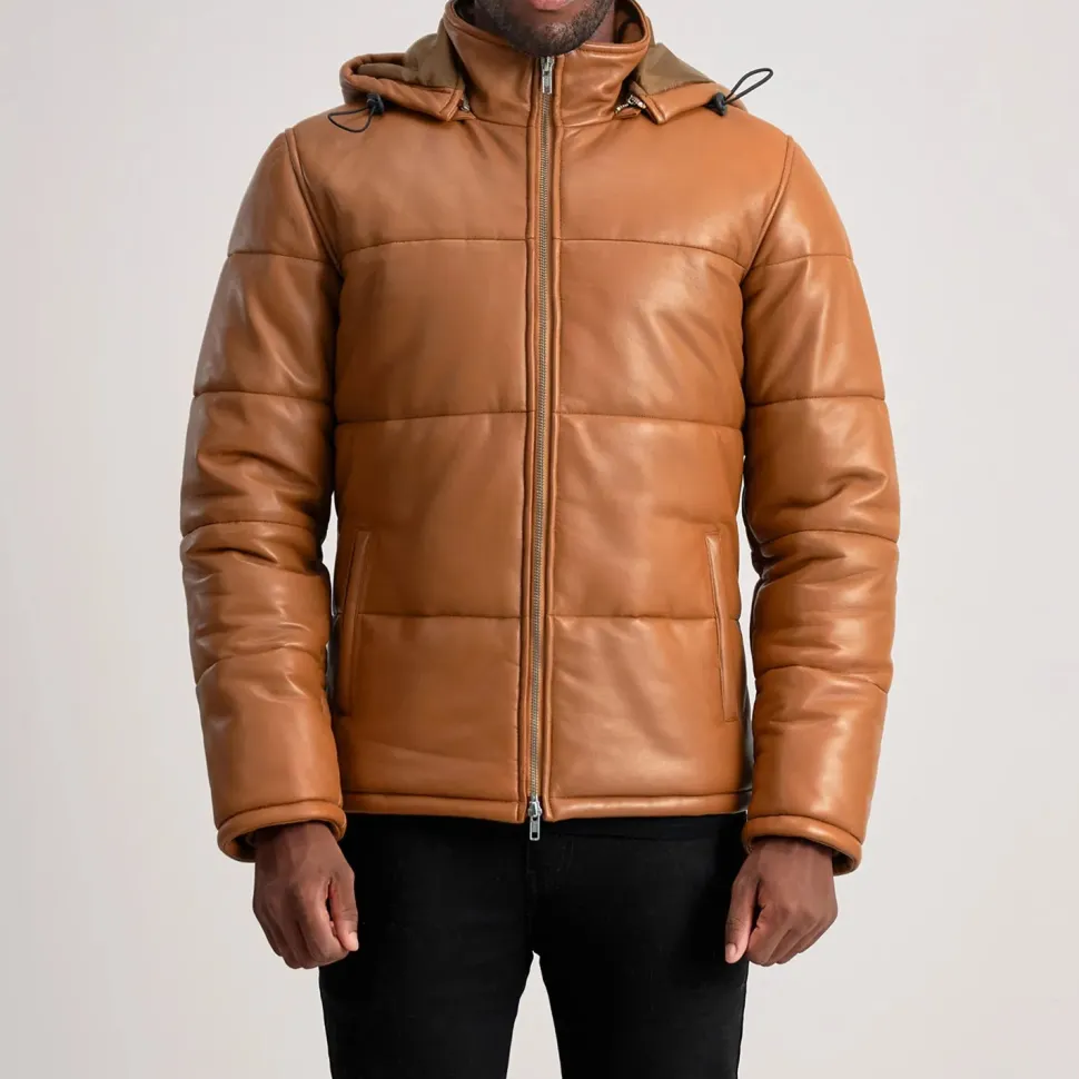Gordon Tan Hooded Leather Puffer Jacket