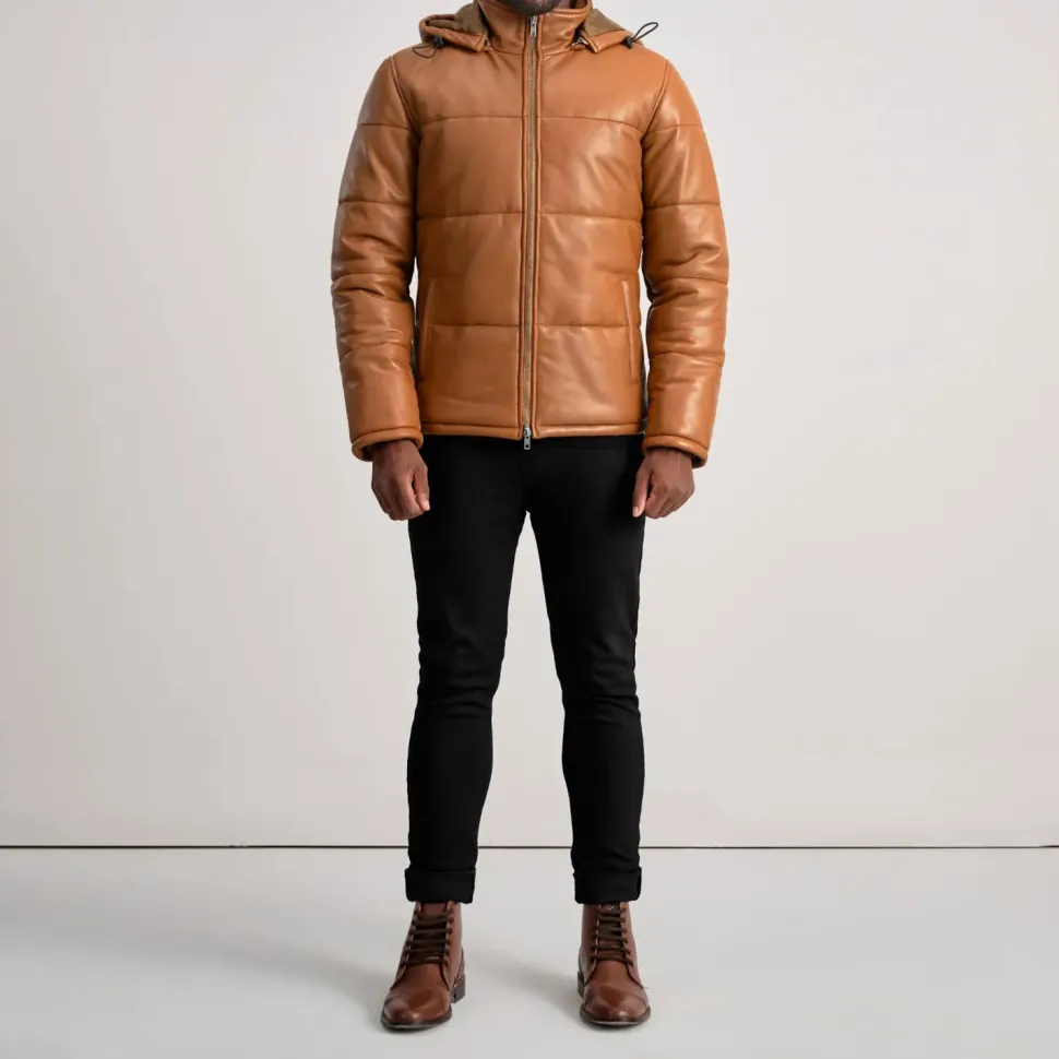 Gordon Tan Hooded Leather Puffer Jacket