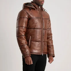 Gordon Waxed Brown Hooded Leather Puffer Jacket