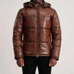 Gordon Waxed Brown Hooded Leather Puffer Jacket