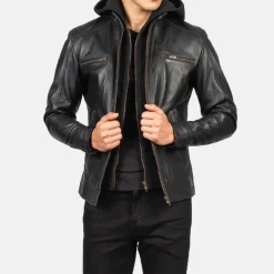 Hector Black Hooded Leather Biker Jacket