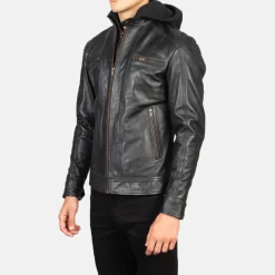 Hector Black Hooded Leather Biker Jacket