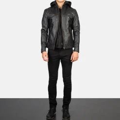 Hector Black Hooded Leather Biker Jacket