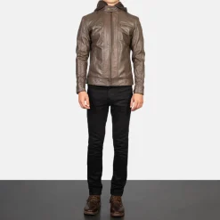 Hector Brown Hooded Leather Biker Jacket