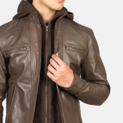 Hector Brown Hooded Leather Biker Jacket