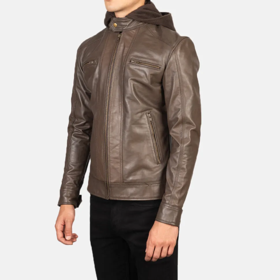Hector Brown Hooded Leather Biker Jacket