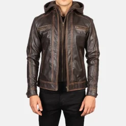 Hector Vintage Brown Hooded Leather Biker Jacket