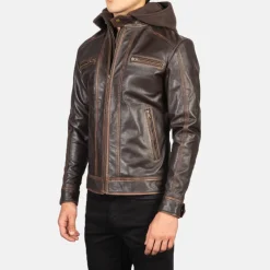 Hector Vintage Brown Hooded Leather Biker Jacket