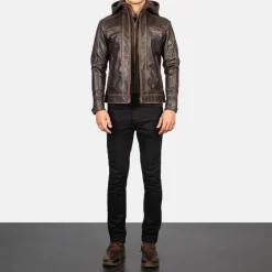 Hector Vintage Brown Hooded Leather Biker Jacket