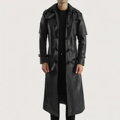 Huntsman Black Hooded Leather Trench Coat