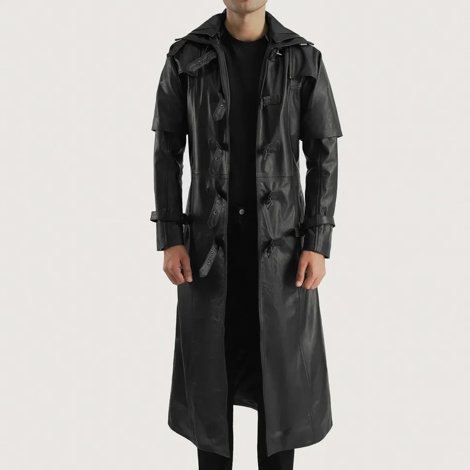 Huntsman Black Hooded Leather Trench Coat