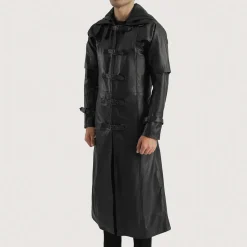 Huntsman Black Hooded Leather Trench Coat