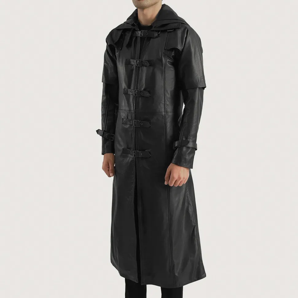 Huntsman Black Hooded Leather Trench Coat