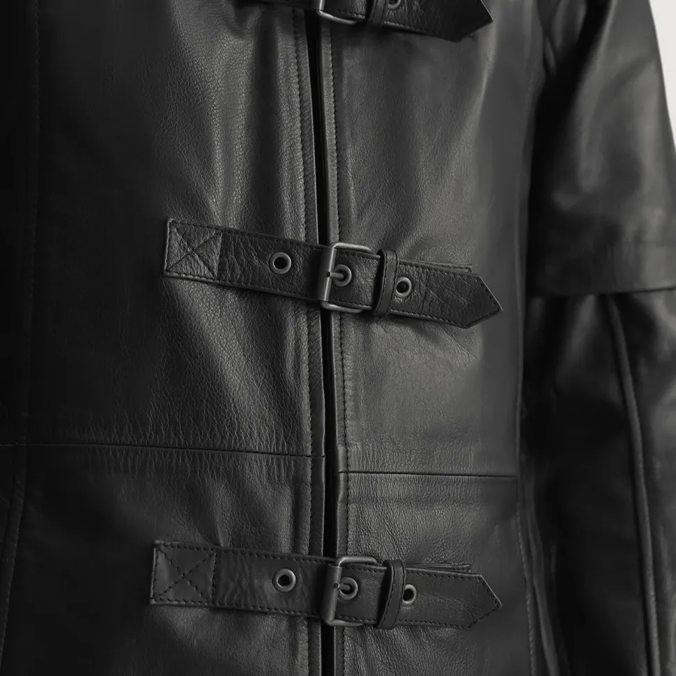 Huntsman Black Hooded Leather Trench Coat