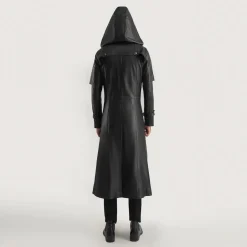 Huntsman Black Hooded Leather Trench Coat