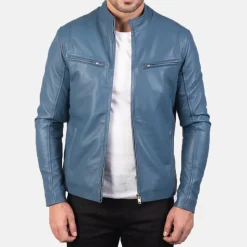 Ionic Blue Leather Biker Jacket