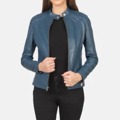Kelsee Blue Leather Biker Jacket
