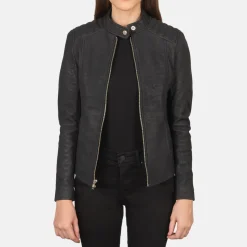 Kelsee Distressed Black Leather Biker Jacket