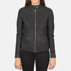 Kelsee Distressed Black Leather Biker Jacket
