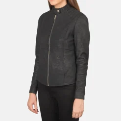 Kelsee Distressed Black Leather Biker Jacket