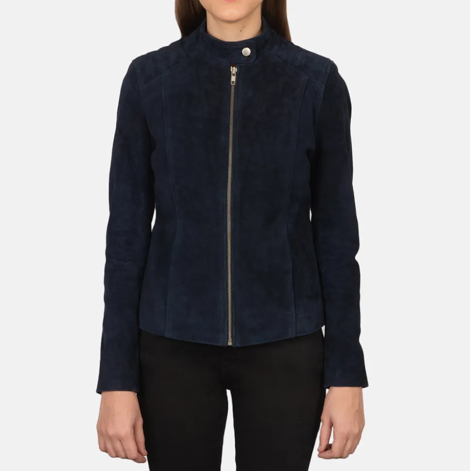 Kelsee Navy Blue Suede Biker Jacket
